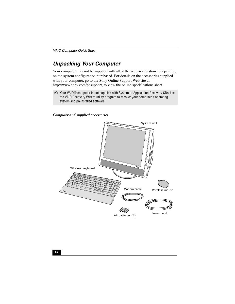 Unpacking your computer | Sony PCV-V310P User Manual | Page 14 / 54