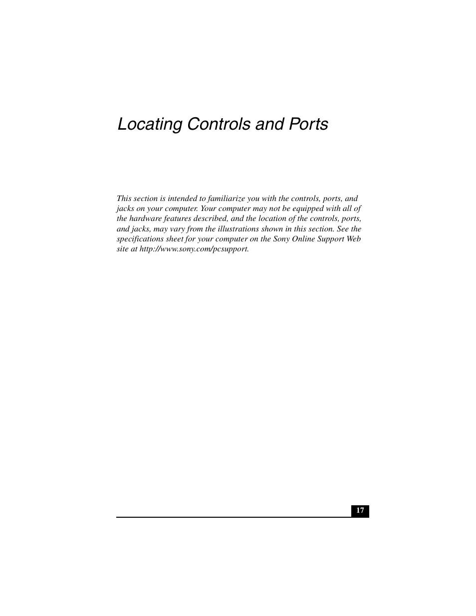 Locating controls and ports | Sony PCV-V310P User Manual | Page 17 / 54