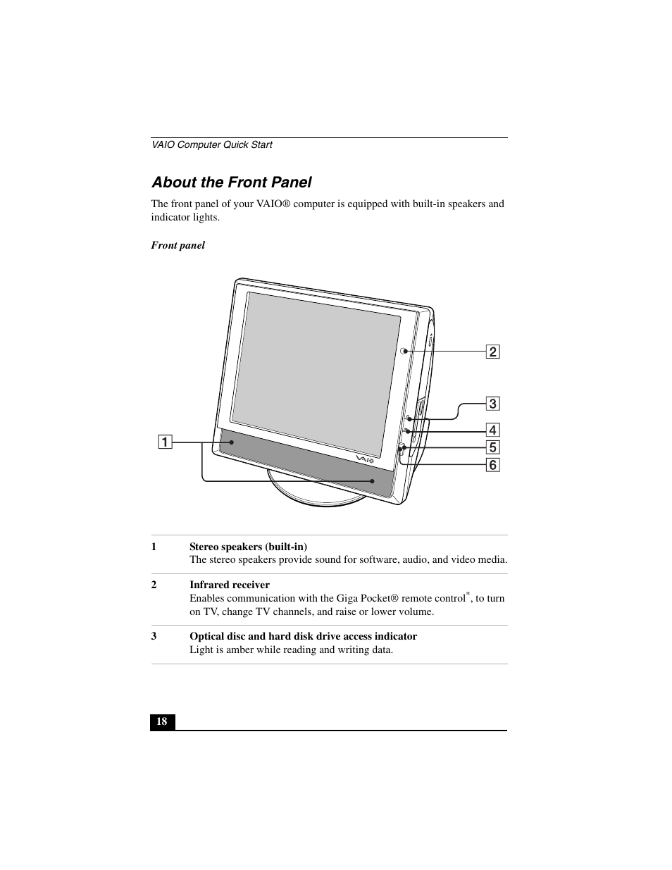 About the front panel | Sony PCV-V310P User Manual | Page 18 / 54