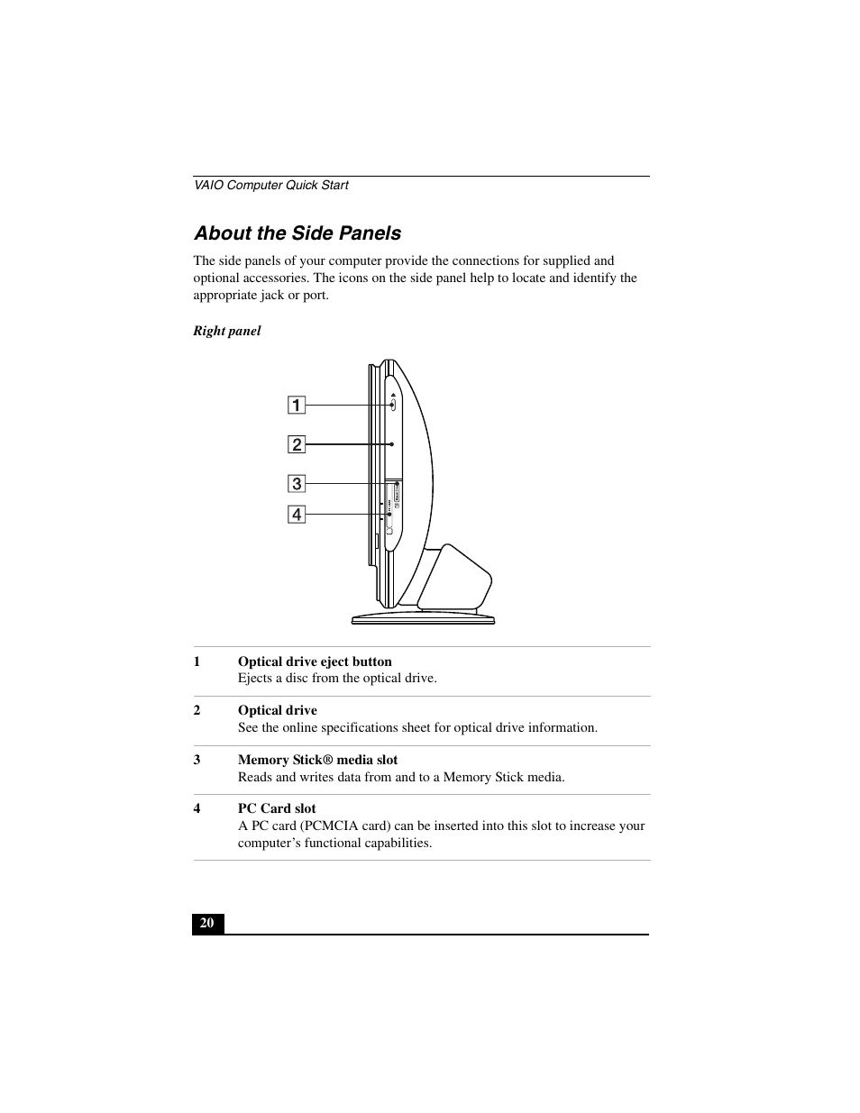 About the side panels | Sony PCV-V310P User Manual | Page 20 / 54