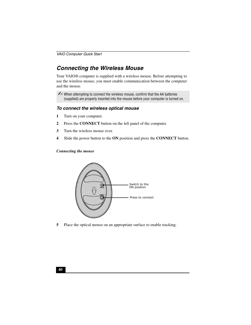 Connecting the wireless mouse | Sony PCV-V310P User Manual | Page 40 / 54