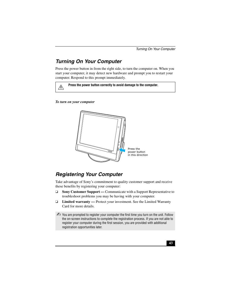 Turning on your computer, Registering your computer | Sony PCV-V310P User Manual | Page 43 / 54