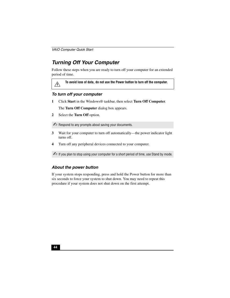 Turning off your computer | Sony PCV-V310P User Manual | Page 44 / 54