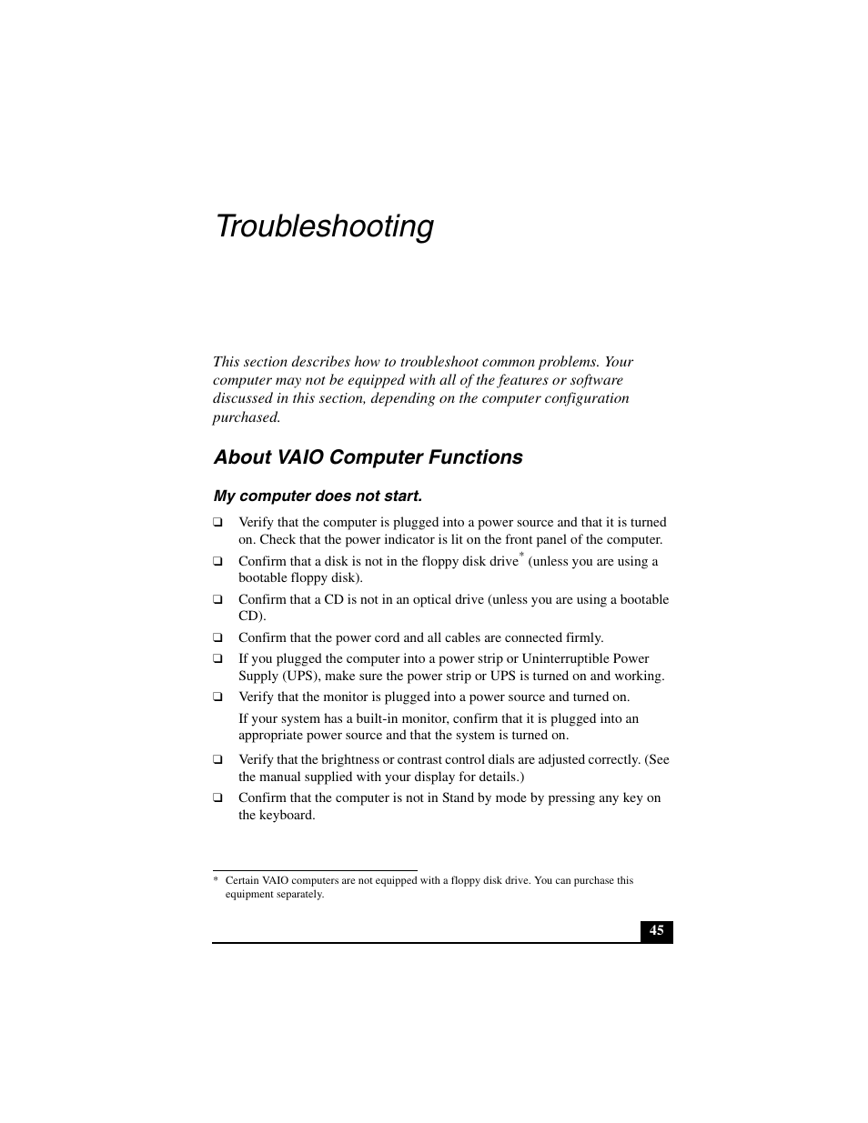 Troubleshooting, About vaio computer functions | Sony PCV-V310P User Manual | Page 45 / 54