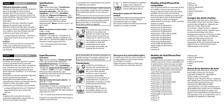Especificaciones, Precauciones, Modelos de ipod/iphone/ipad compatibles | Acerca de los derechos de autor, Spécifications, Précautions, Modèles d’ipod/iphone/ipad compatibles, À propos des droits d’auteur | Sony DR-EX61iP User Manual | Page 2 / 2