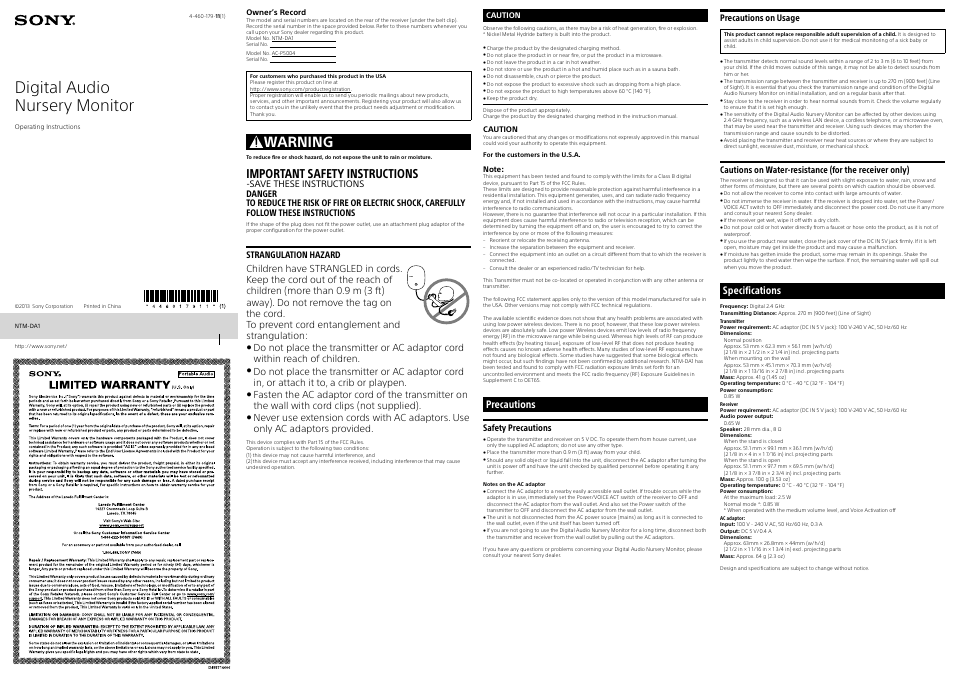 Sony NTM-DA1 User Manual | 2 pages