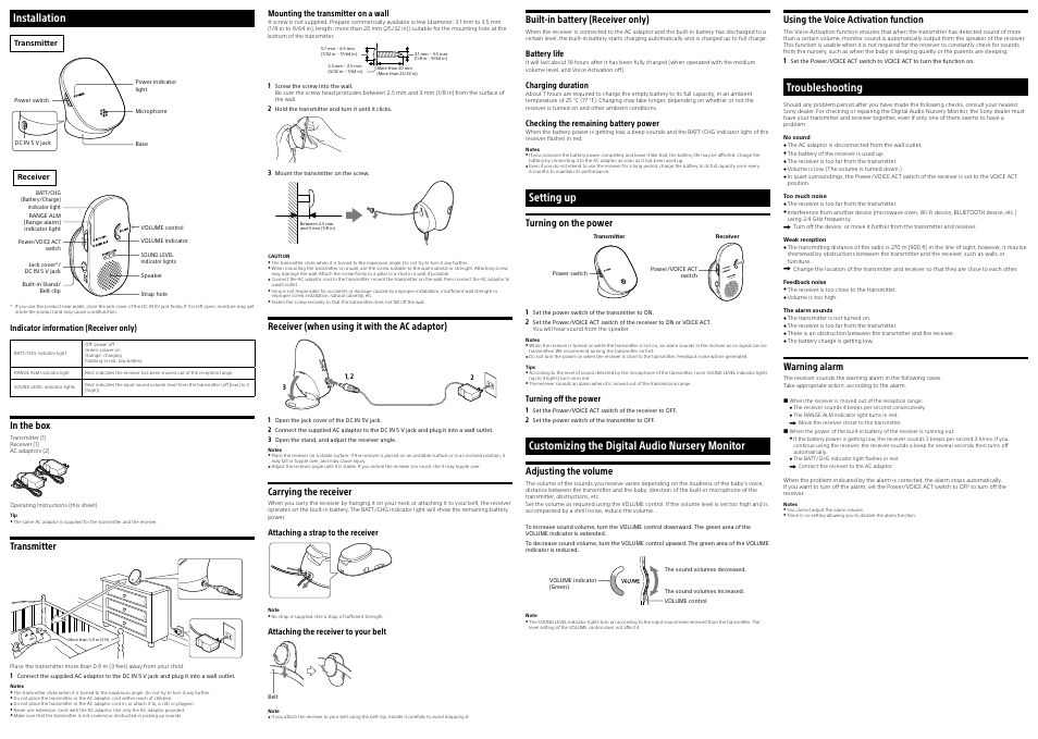 Installation, Setting up, Customizing the digital audio nursery monitor | Troubleshooting, Transmitter, Receiver (when using it with the ac adaptor), Carrying the receiver, Built-in battery (receiver only), Turning on the power, Adjusting the volume | Sony NTM-DA1 User Manual | Page 2 / 2