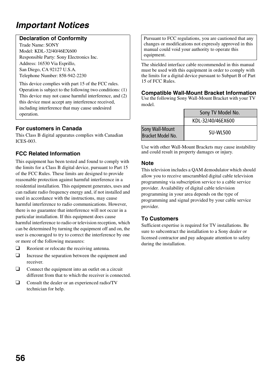 Important notices, 56 important notices | Sony KDL-32EX600 User Manual | Page 56 / 60