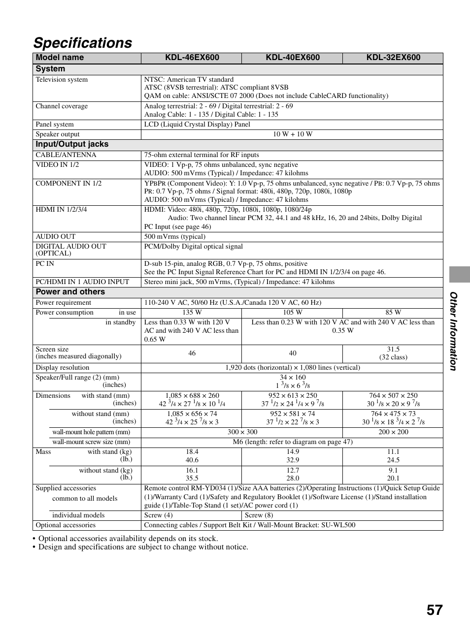 Specifications, Othe r inform ation | Sony KDL-32EX600 User Manual | Page 57 / 60