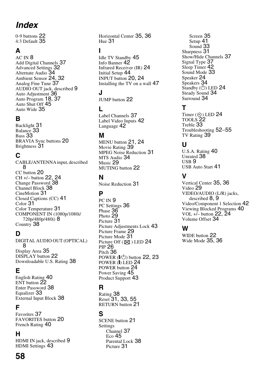 Index, 58 index | Sony KDL-32EX600 User Manual | Page 58 / 60