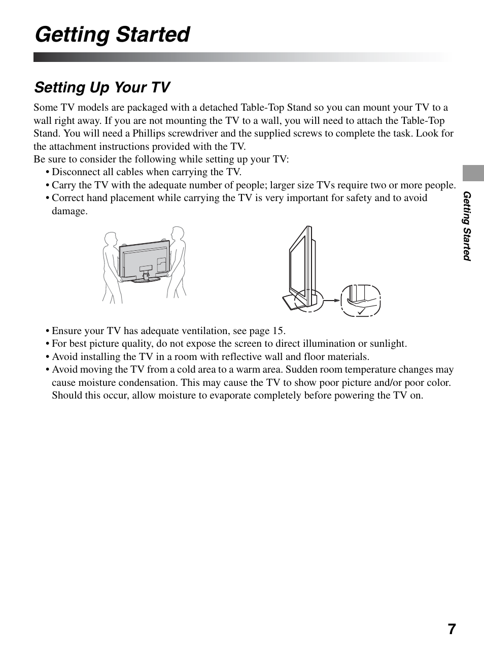 Getting started, Setting up your tv | Sony KDL-32EX600 User Manual | Page 7 / 60