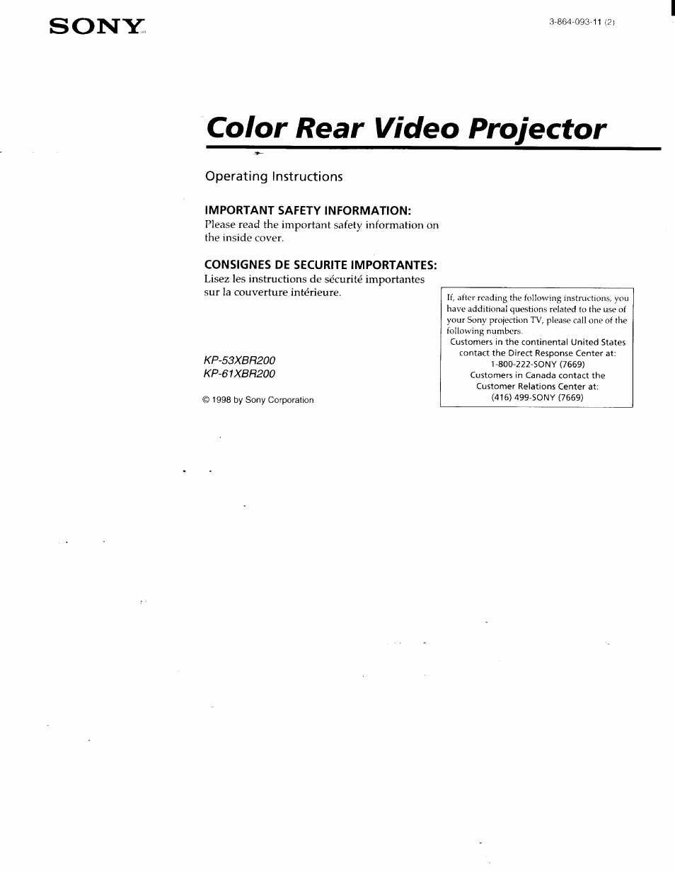 Sony KP-61XBR200 User Manual | 70 pages