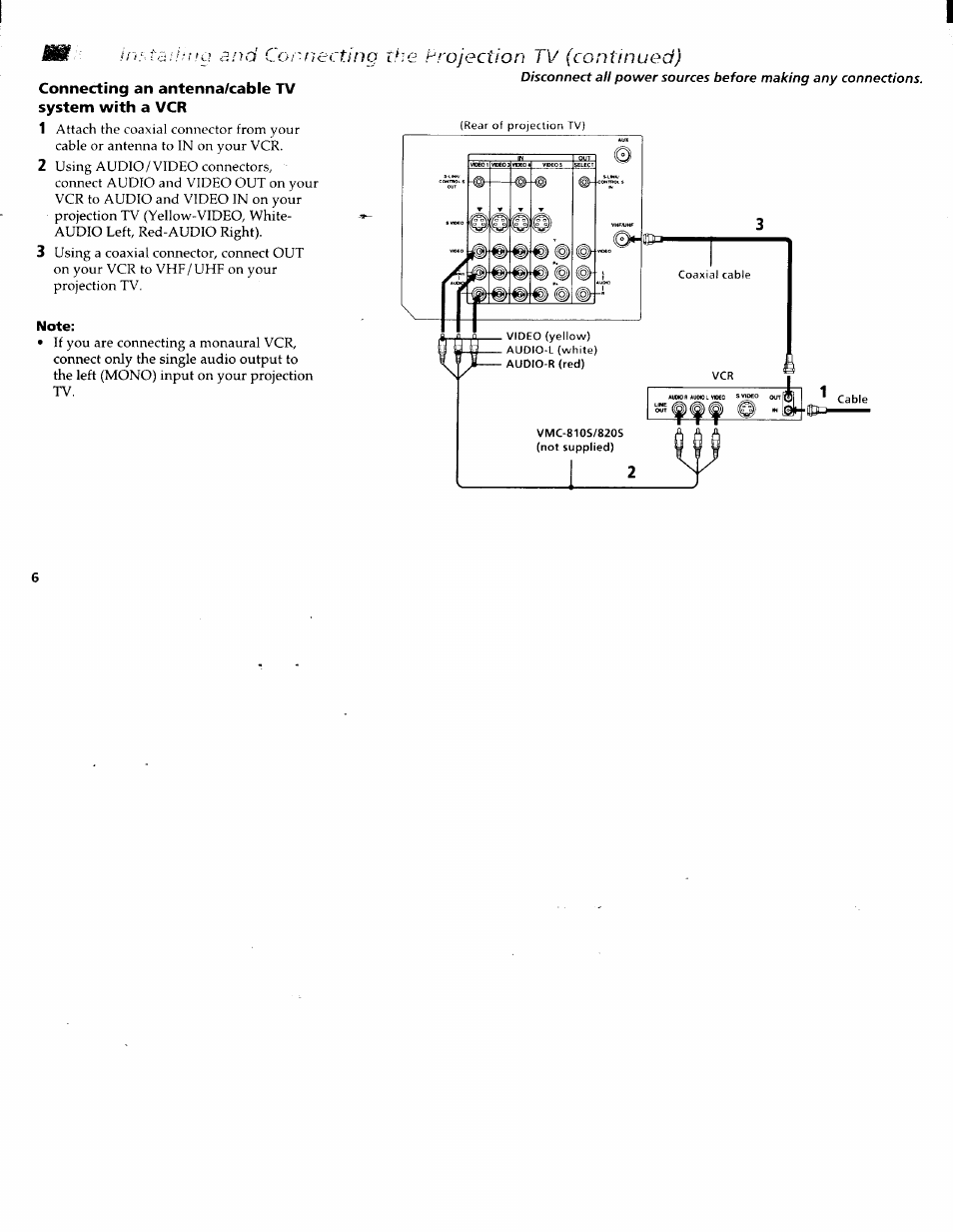 Connecting an antenna/cable tv, System with a vcr, A and connecting the projection tv (continued) | Sony KP-61XBR200 User Manual | Page 10 / 70