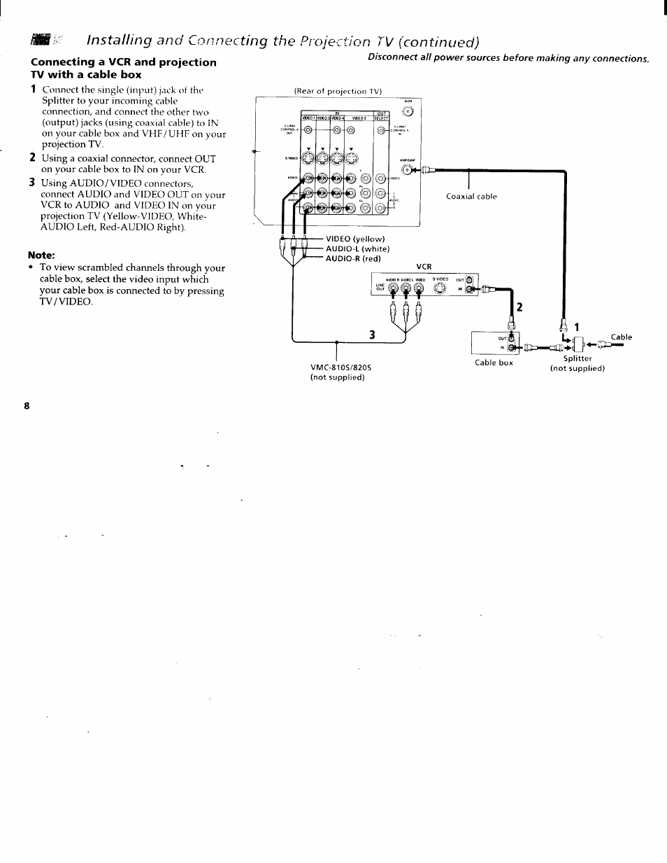 Connecting a vcr and projection, Tv with a cable box, With a cable box | Installing and connecting the proie, Tion tv (continued) | Sony KP-61XBR200 User Manual | Page 12 / 70