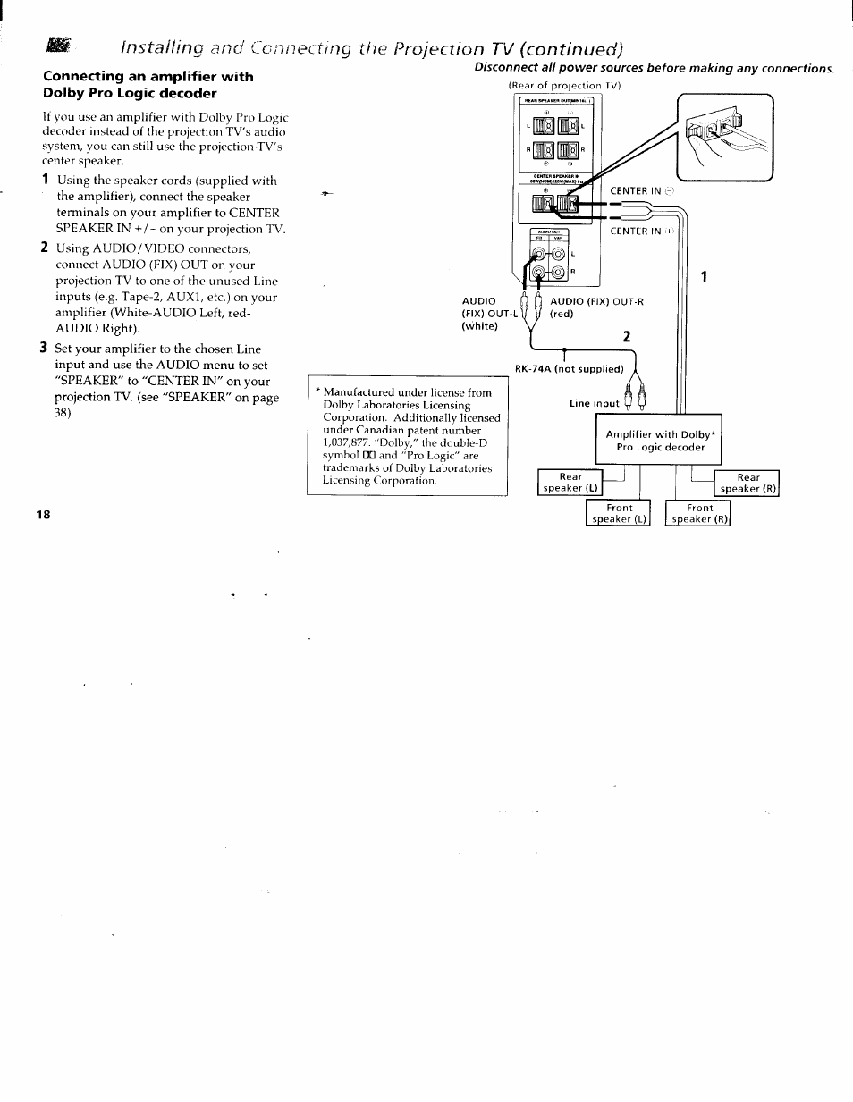 Instailino and, Ccnnectmg the projection tv (continued), Instailino | Projection tv (continued), Ccnnectmg the | Sony KP-61XBR200 User Manual | Page 22 / 70