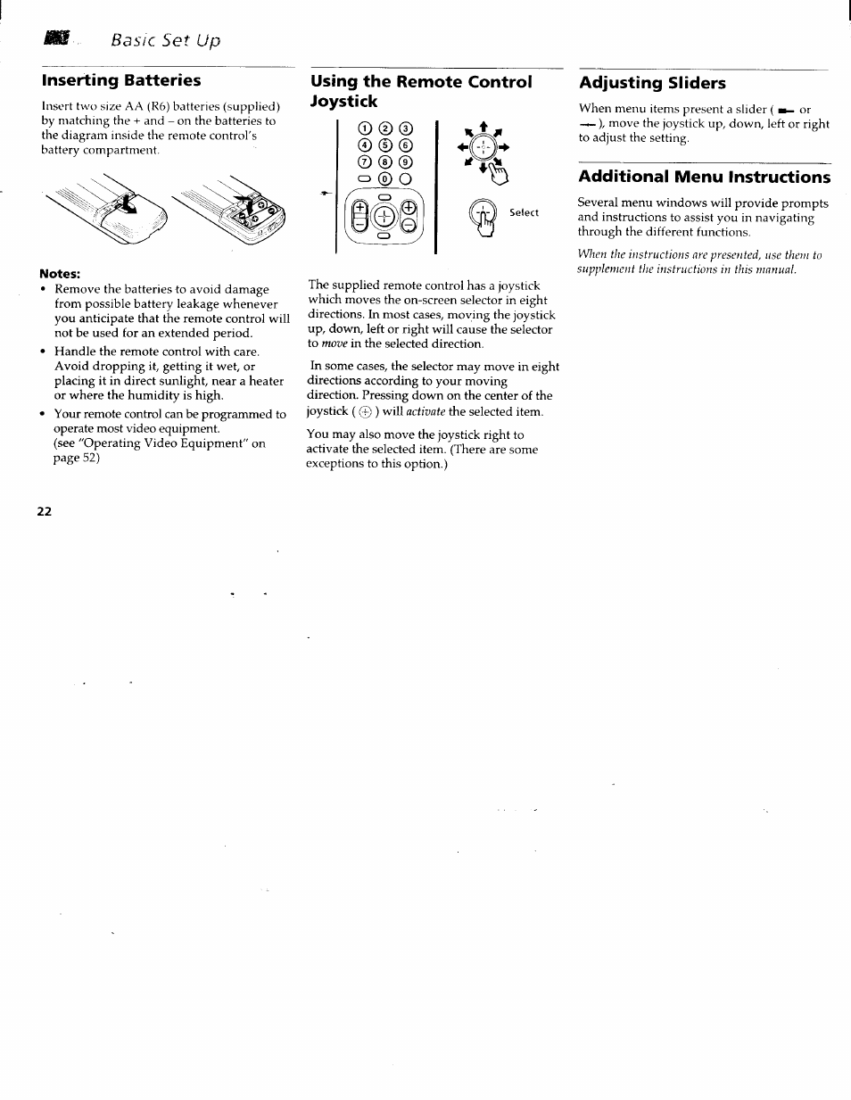 Inserting batteries, Using the remote control joystick, Adjusting sliders | Additional menu instructions, Basic set up | Sony KP-61XBR200 User Manual | Page 26 / 70