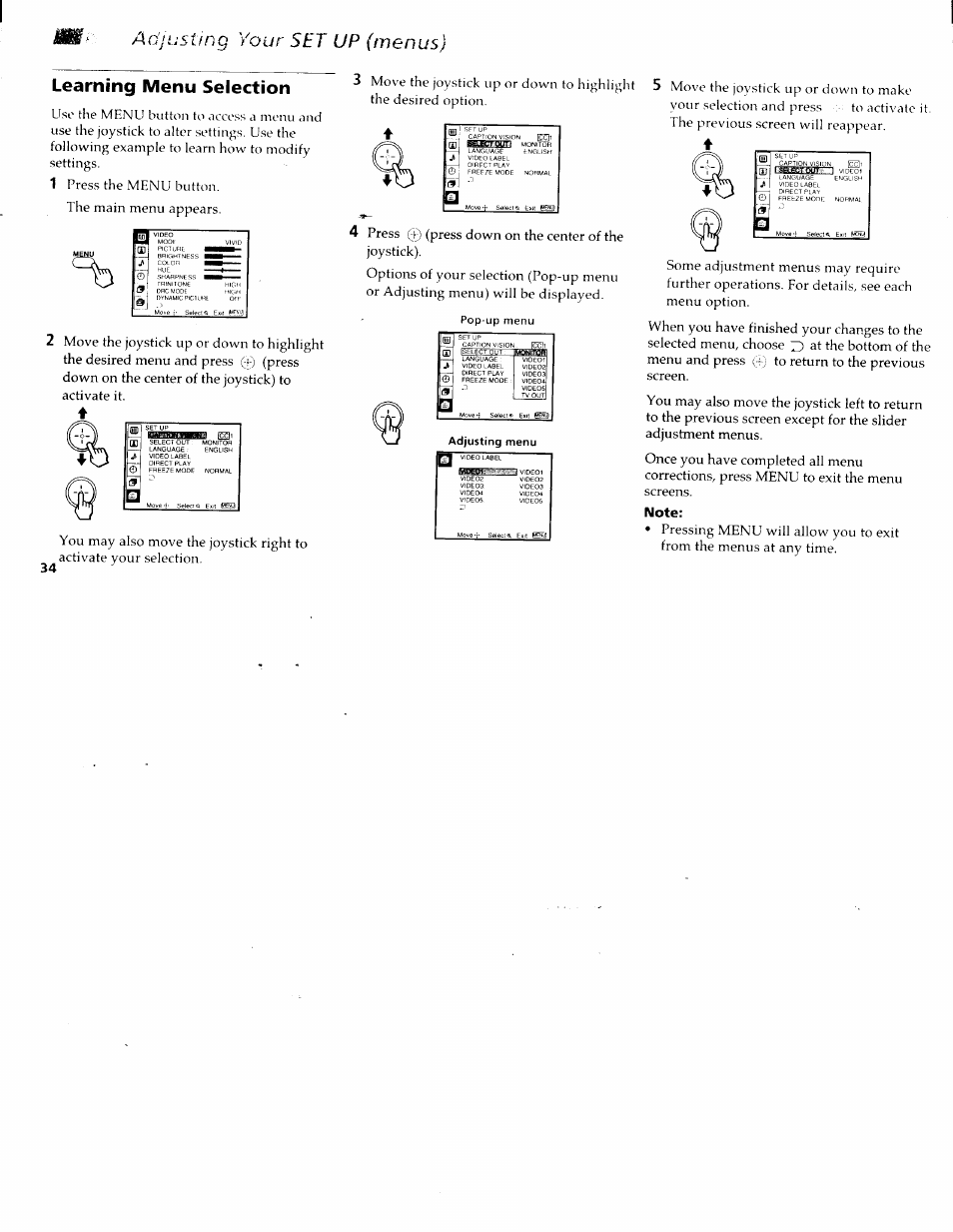 Learning menu selection, Adjusting your set up (menus), The main menu appears | 10" jv “e, Press the menu button | Sony KP-61XBR200 User Manual | Page 38 / 70