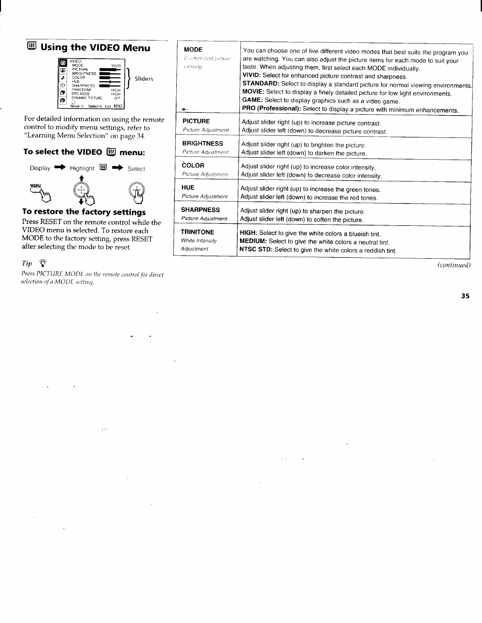 No using the video menu, To select the video (ud menu, To restore the factory settings | Using the video menu | Sony KP-61XBR200 User Manual | Page 39 / 70
