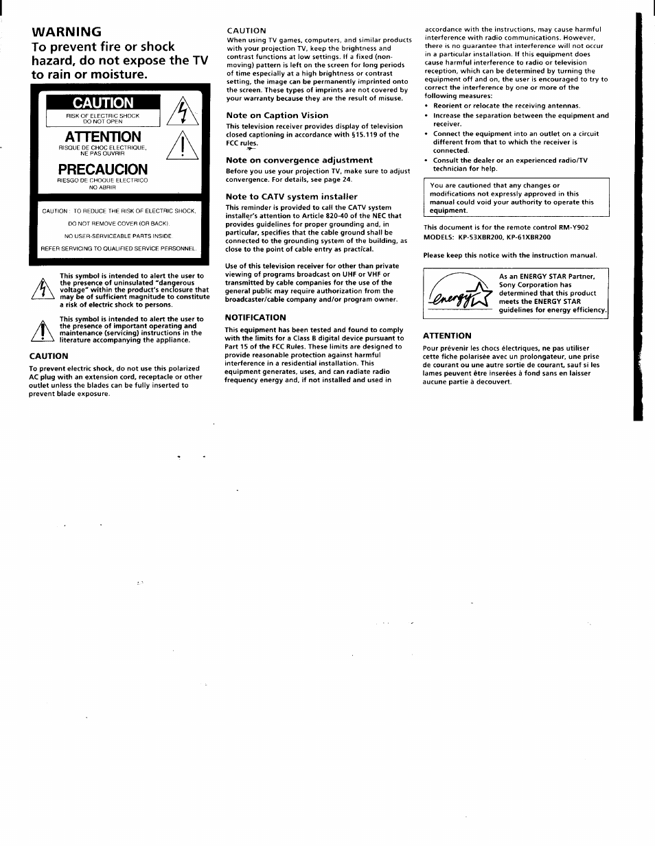 Warning, Caution, Attention | Precaucion | Sony KP-61XBR200 User Manual | Page 4 / 70