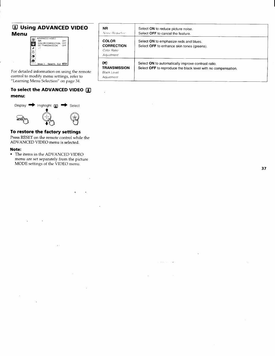 Hi using advanced video menu, To select the advanced video |t| menu, To restore the factory settings | Note, Using advanced video menu | Sony KP-61XBR200 User Manual | Page 41 / 70