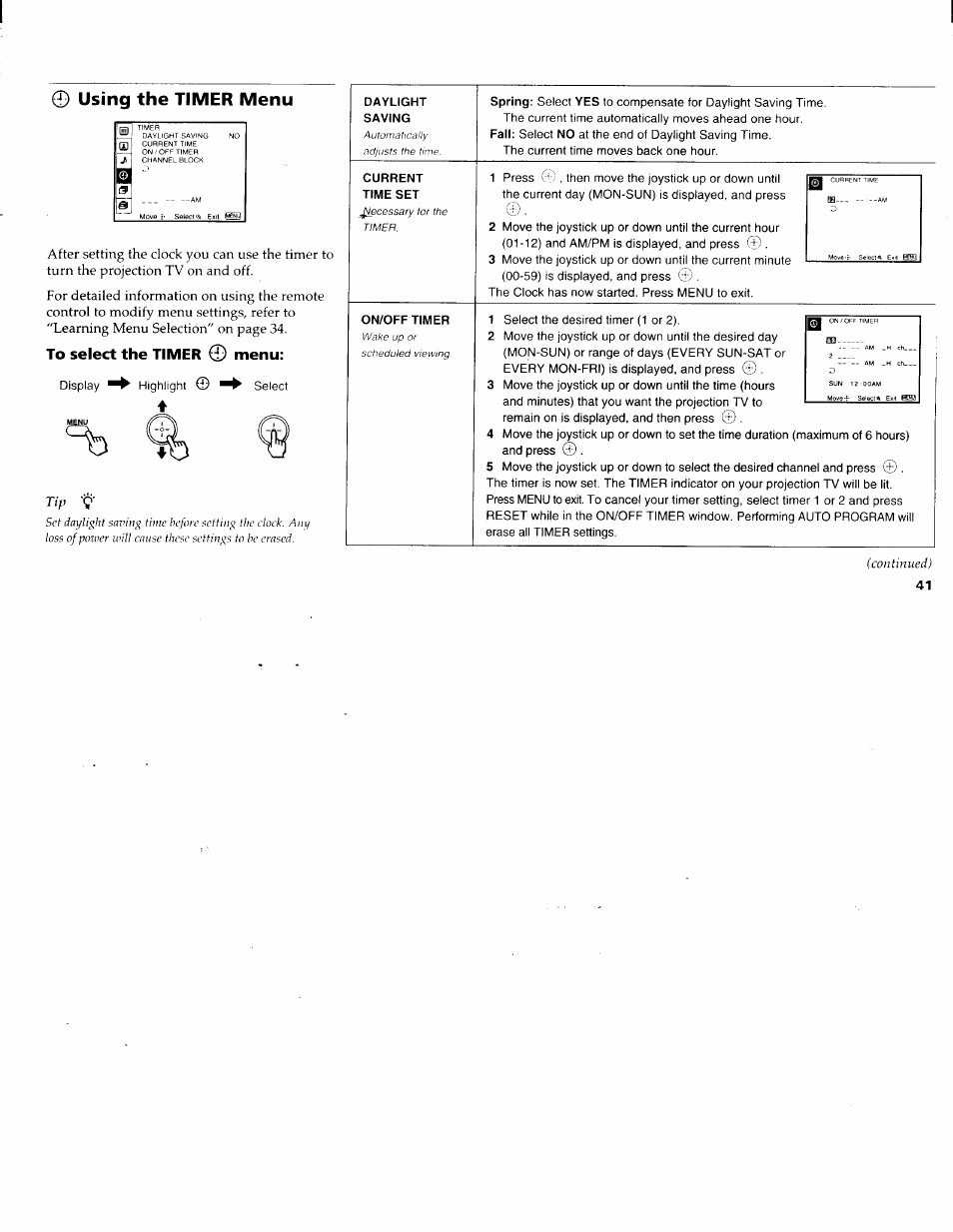 Using the timer menu, To select the timer © menu, Continued) | Sony KP-61XBR200 User Manual | Page 45 / 70