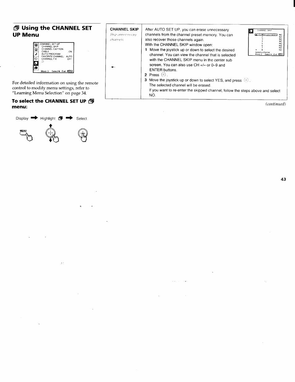 M using the channel set up menu, To select the channel set up & menu, Using the channel set up menu | Sony KP-61XBR200 User Manual | Page 47 / 70