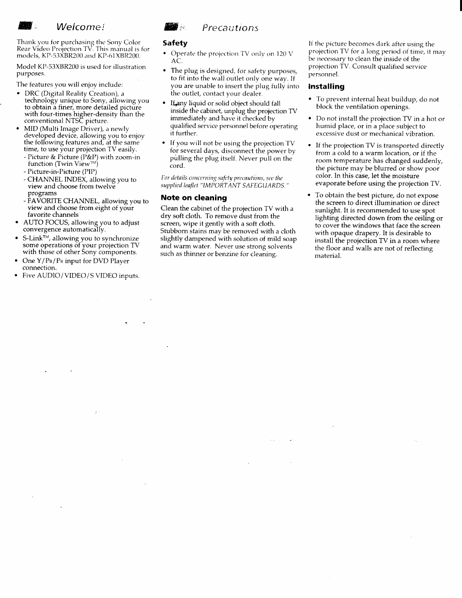 Safety, Note on cleaning, Installing | Welcome! precautions | Sony KP-61XBR200 User Manual | Page 5 / 70