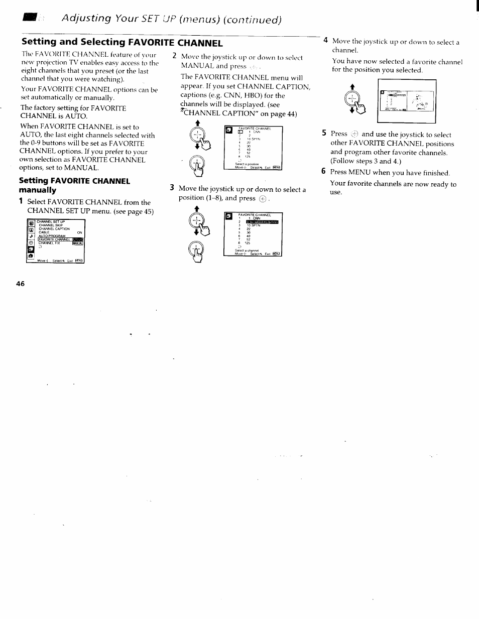 Setting and selecting favorite channel, Setting favorite channel manually, Adjusting your set up (menus) (continued) | Sony KP-61XBR200 User Manual | Page 50 / 70