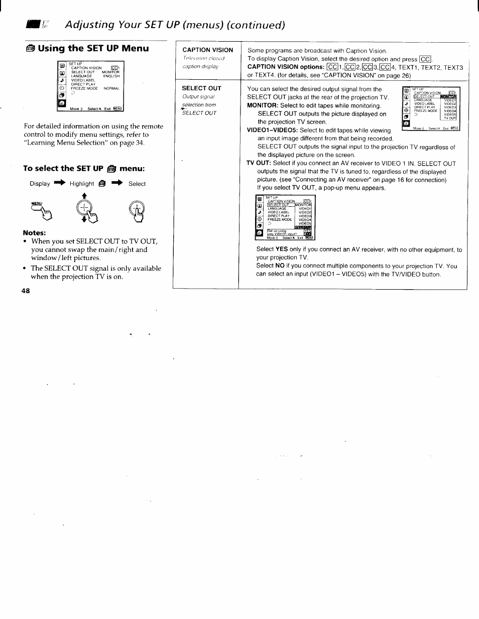 Using the set up menu, Adjusting your set up (menus) (continued) | Sony KP-61XBR200 User Manual | Page 52 / 70