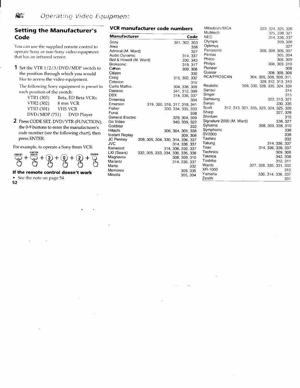 Setting the manufacturer's code, Vcr manufacturer code numbers, If the remote control doesn't work | Operai:ng video equipment | Sony KP-61XBR200 User Manual | Page 56 / 70