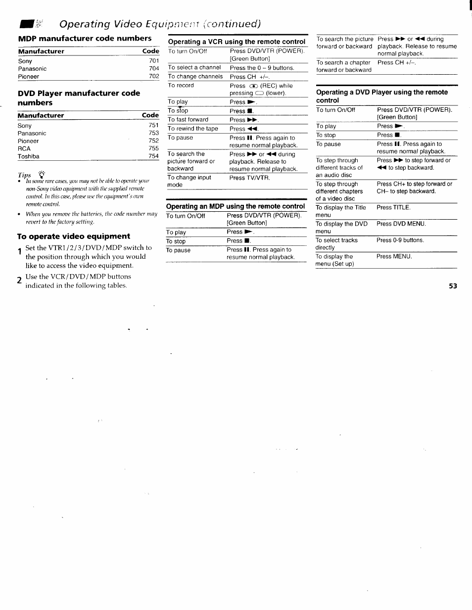 Jbh# operating video equip, Mdp manufacturer code numbers, To operate video equipment | Operating video, Equip, Continued) | Sony KP-61XBR200 User Manual | Page 57 / 70