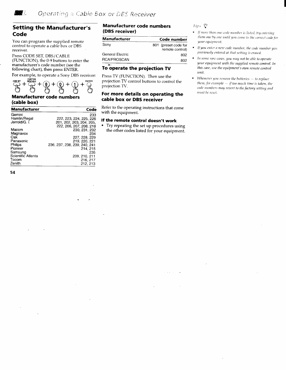 Setting the manufacturer's code, Manufacturer code numbers (dbs receiver), Manufacturer code numbers (cable box) | To operate the projection tv, If the remote control doesn't work, Eratino :-i cable box or, Receiver | Sony KP-61XBR200 User Manual | Page 58 / 70