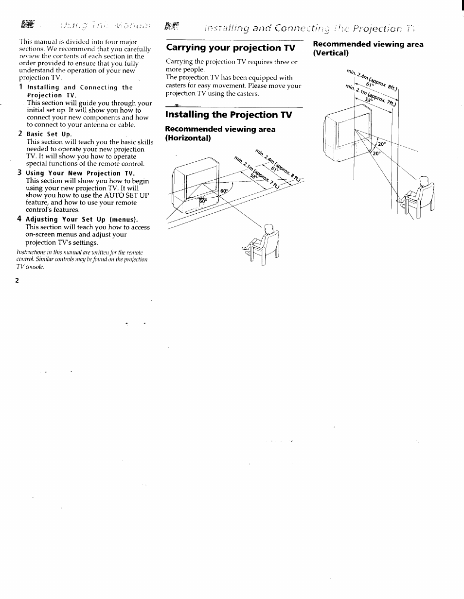Carrying your projection tv, Installing the projection tv, Recommended viewing area (horizontal) | Recommended viewing area (vertical) | Sony KP-61XBR200 User Manual | Page 6 / 70