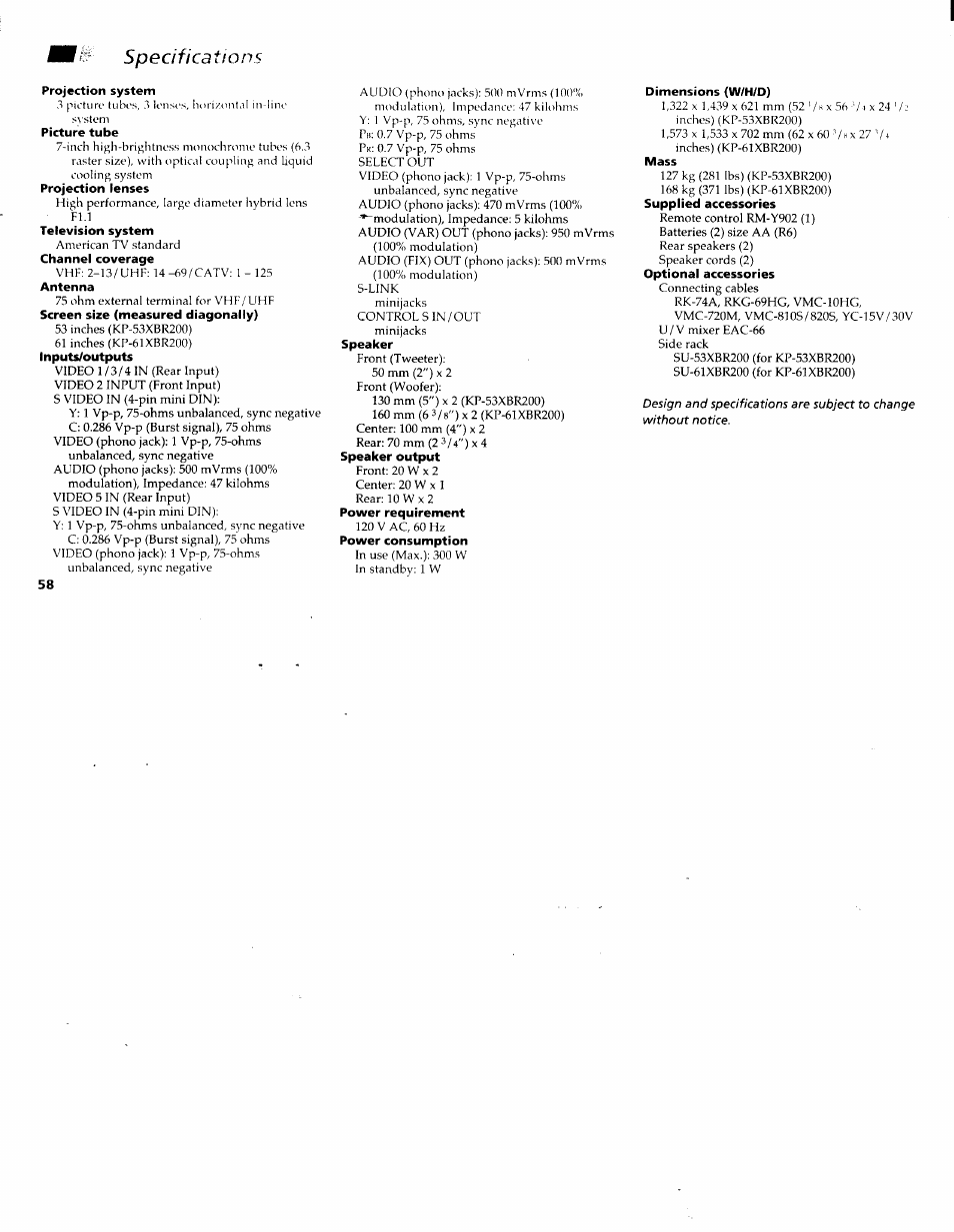 Specifications | Sony KP-61XBR200 User Manual | Page 62 / 70