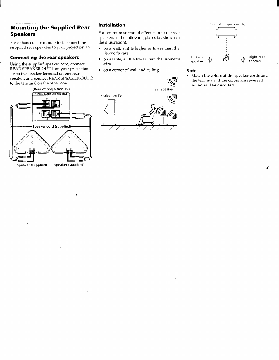 Mounting the supplied rear speakers, Connecting the rear speakers, Installation | Sony KP-61XBR200 User Manual | Page 7 / 70