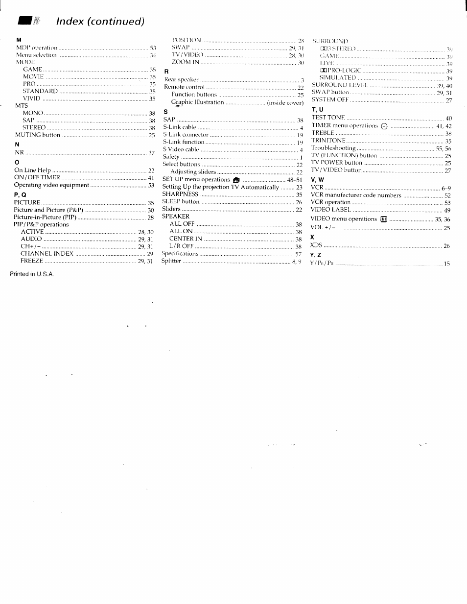 0 index (continued), Index (continued) | Sony KP-61XBR200 User Manual | Page 70 / 70