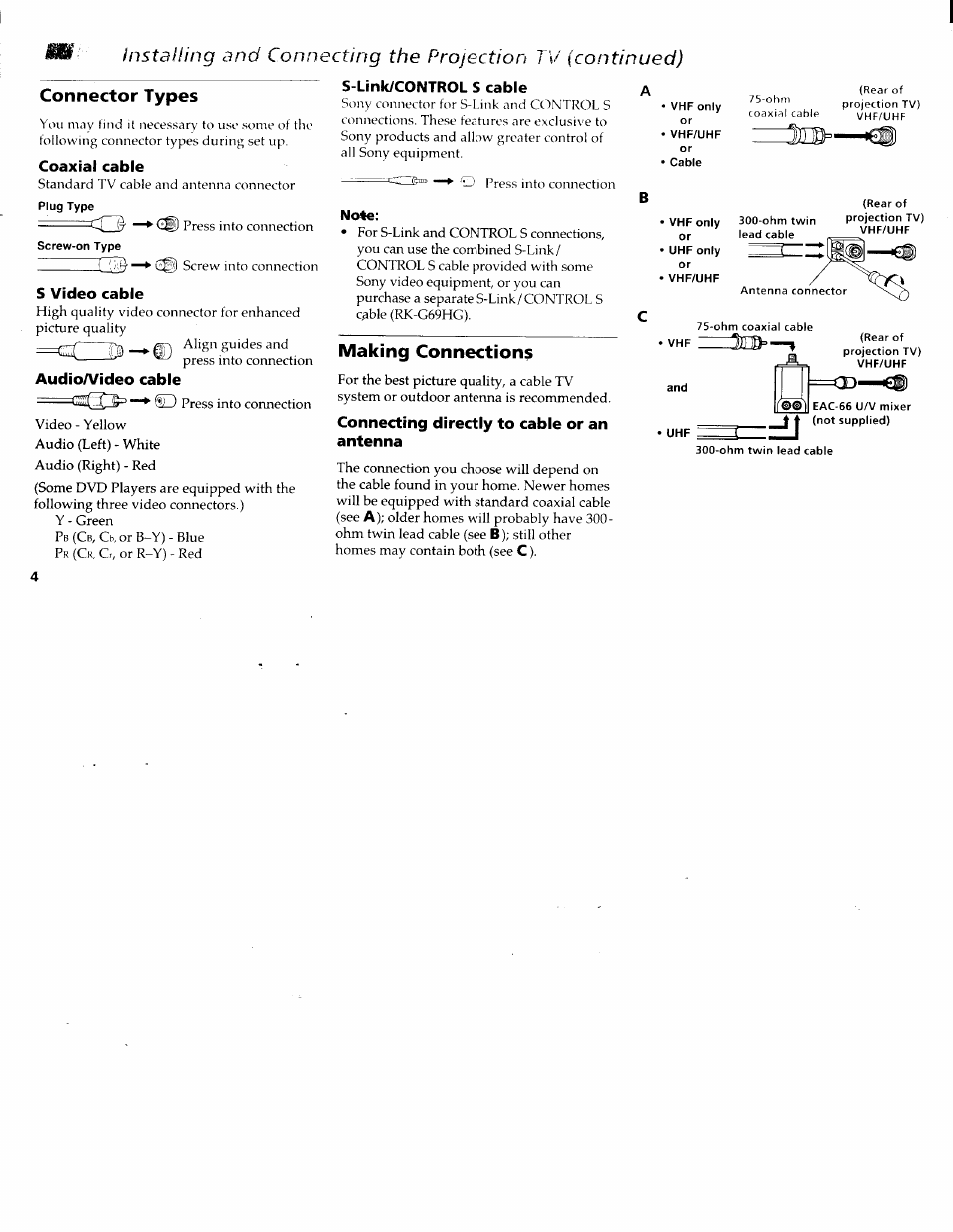 Connector types, Coaxial cable, S video cable | Audioa/ideo cable, S-link/control s cable, Making connections, Connecting directly to cable or an antenna | Sony KP-61XBR200 User Manual | Page 8 / 70
