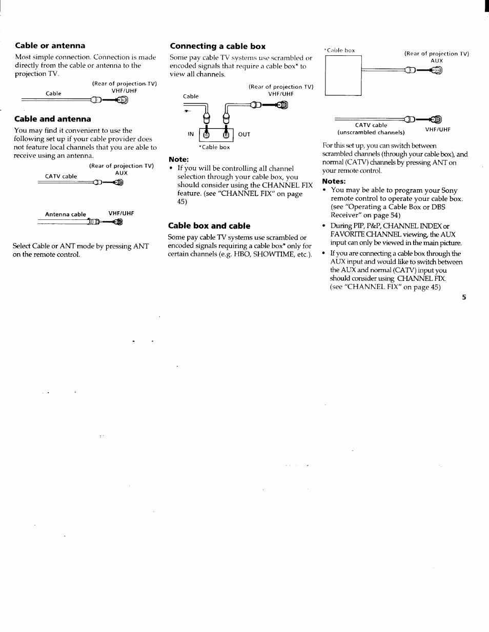 Cable or antenna, Cable and antenna, Connecting a cable box | Cable box and cable | Sony KP-61XBR200 User Manual | Page 9 / 70