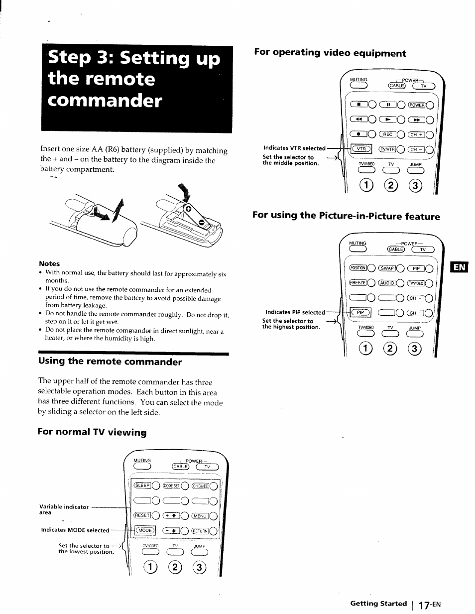 Step 3: setting up the remote commander, For operating video equipment, Using the remote commander | For normal tv viewing, For using the picture-in-picture feature, O c^o c^o i, Lo czzo düzlo, Cd cd), C^0c=]0 czjo, Czd czd cz) | Sony KP-41T25 User Manual | Page 17 / 87