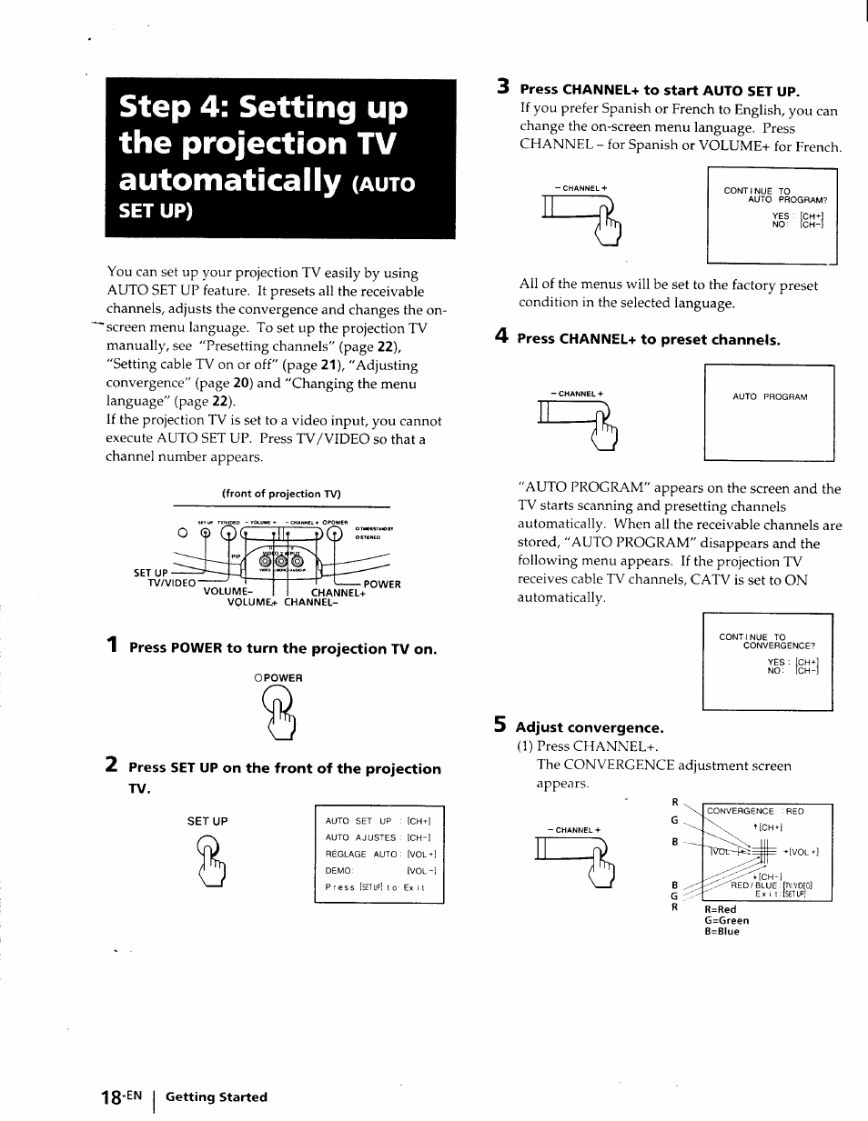 1 press power to turn the projection tv on, 2 press set up on the front of the projection tv, 3 press channel-!- to start auto set up | 4 press channel+ to preset channels, 5 adjust convergence, Step 4: setting up the projection tv automatically, Set up), Auto | Sony KP-41T25 User Manual | Page 18 / 87