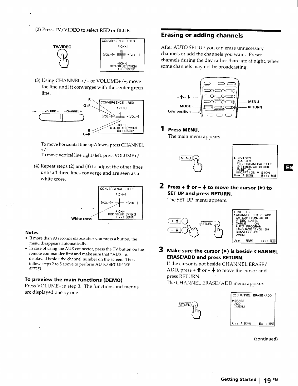 Tv/video, Notes, To preview the main functions (demo) | Erasing or adding channels, 1 press menu, Continued), 2) press tv/video to select red or blue, Dzolod: oo, Press menu. the main menu appears, Getting started i ‘j 9*en | Sony KP-41T25 User Manual | Page 19 / 87