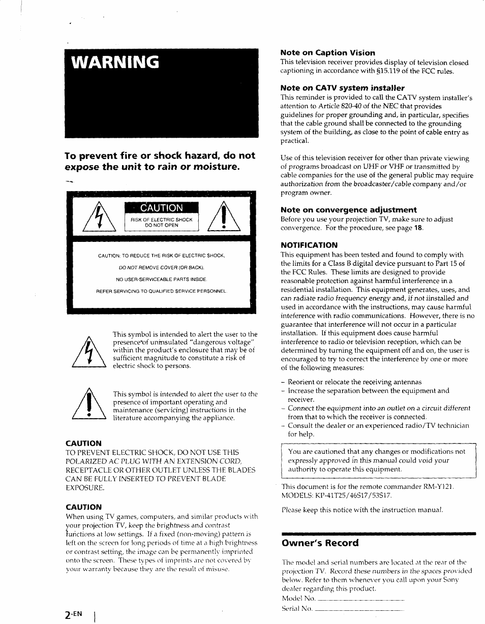 Warning, Caution, Note on caption vision | Note on catv system installer, Note on convergence adjustment, Notification, Owner's record, Rain or | Sony KP-41T25 User Manual | Page 2 / 87