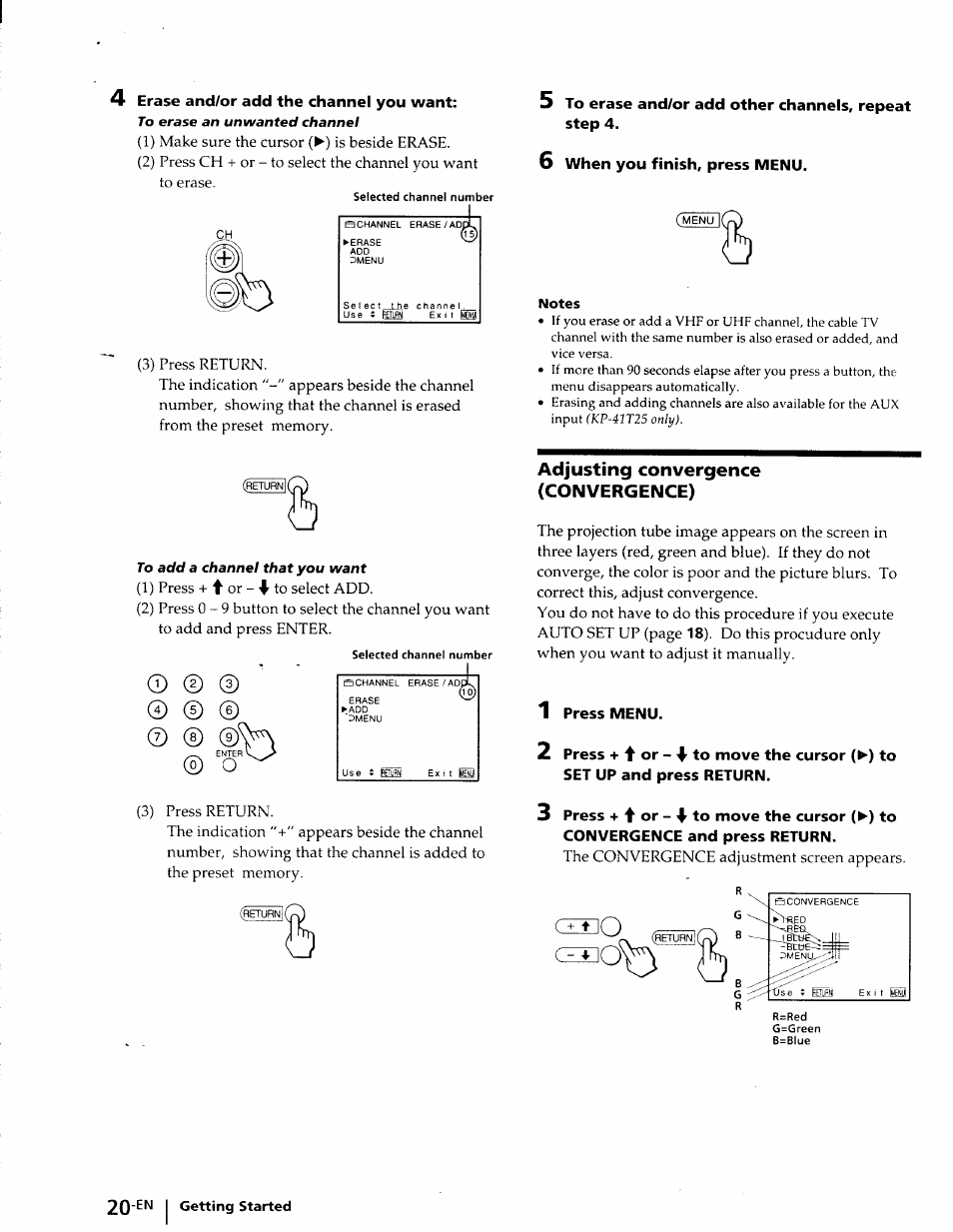 Erase and/or add the channel you want, 6 when you finish, press menu, Notes | Adjusting convergence (convergence), 1 press menu, Czeq, I j j | Sony KP-41T25 User Manual | Page 20 / 87