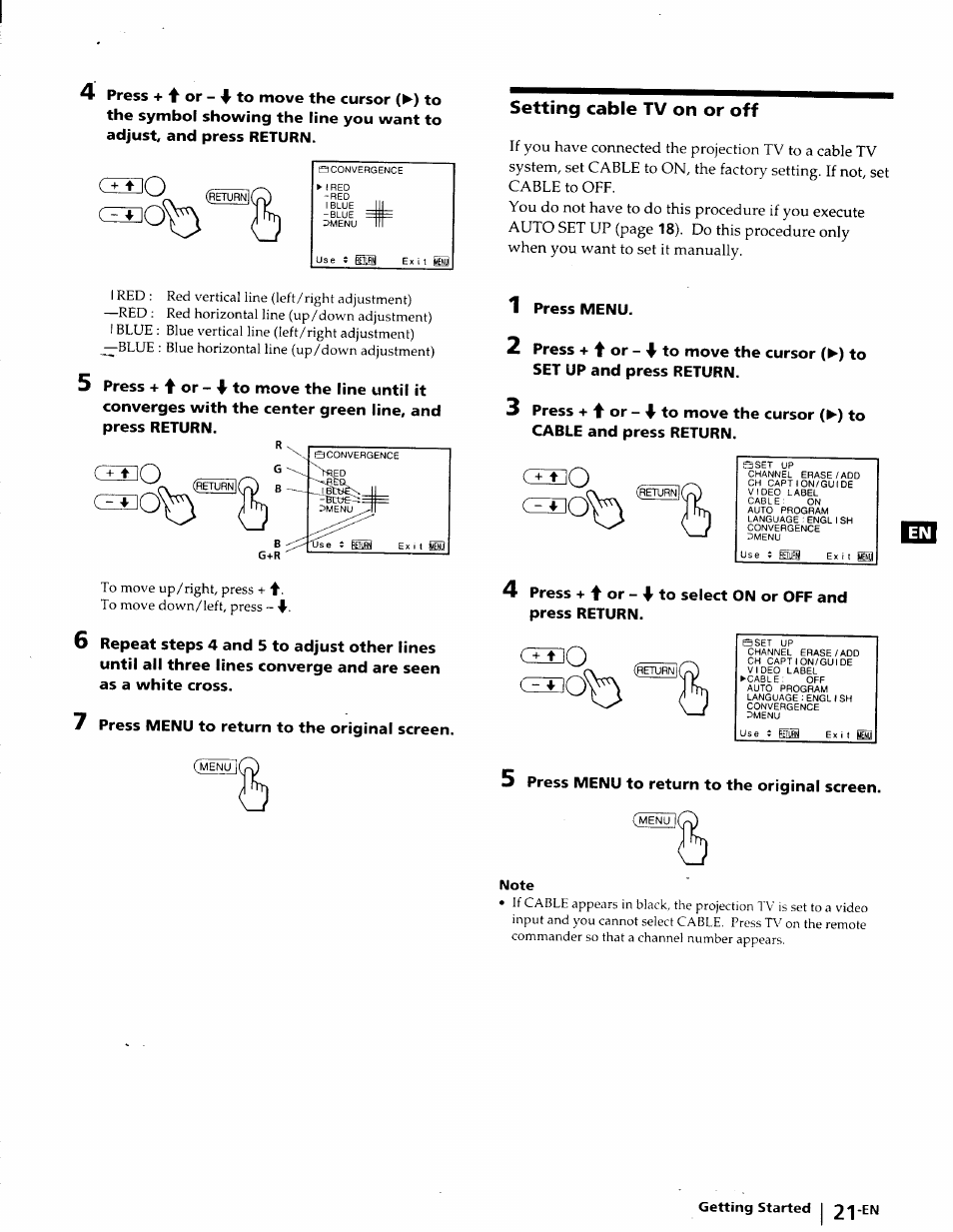 Setting cable tv on or off, Note | Sony KP-41T25 User Manual | Page 21 / 87