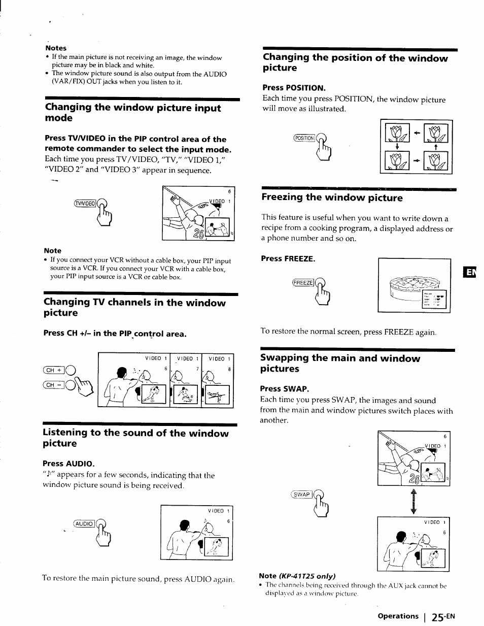 Notes, Note, Press ch +/- in the pip control area | Press audio, Press position, Press freeze, Press swap | Sony KP-41T25 User Manual | Page 25 / 87