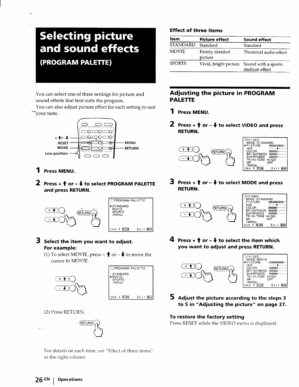 Selecting picture and sound effects, Adjusting the picture in program palette, Program palette) | Czeo | Sony KP-41T25 User Manual | Page 26 / 87