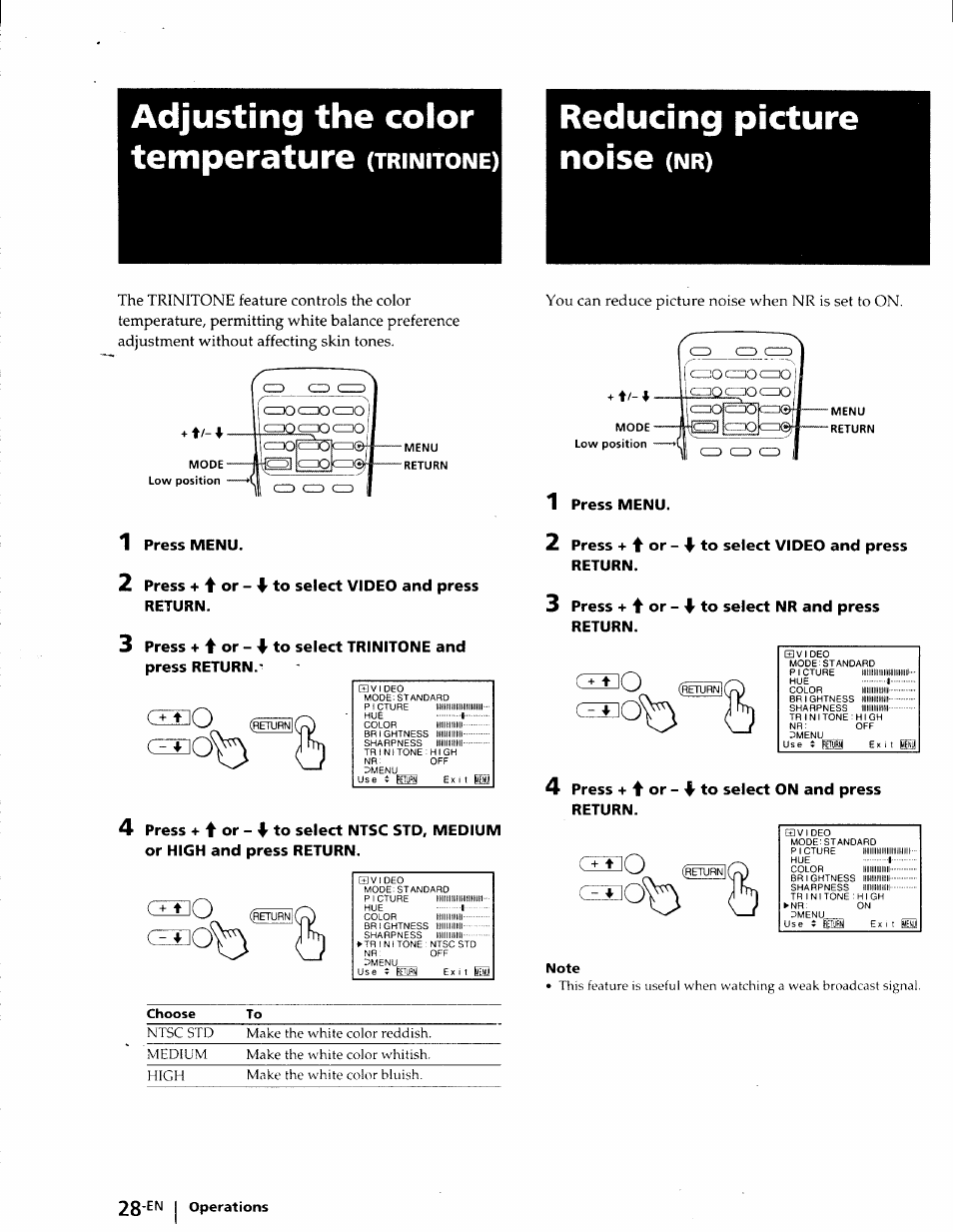 Adjusting the color temperature (trinitone), Reducing picture noise (nr), Note | Adjusting the color temperature, Trinitone, 1 press menu, Press, Or - to select video and press return, Press + or, You can reduce picture noise when nr is set to on | Sony KP-41T25 User Manual | Page 28 / 87