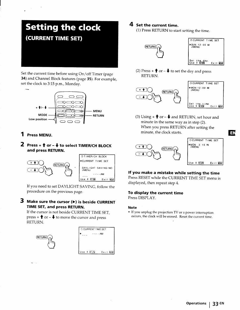 Setting the clock, Press menu, 4 set the current time | If you make a mistake while setting the time, To display the current time, Note, Current time set), 2) press + ^ or - to set the day and press return | Sony KP-41T25 User Manual | Page 33 / 87
