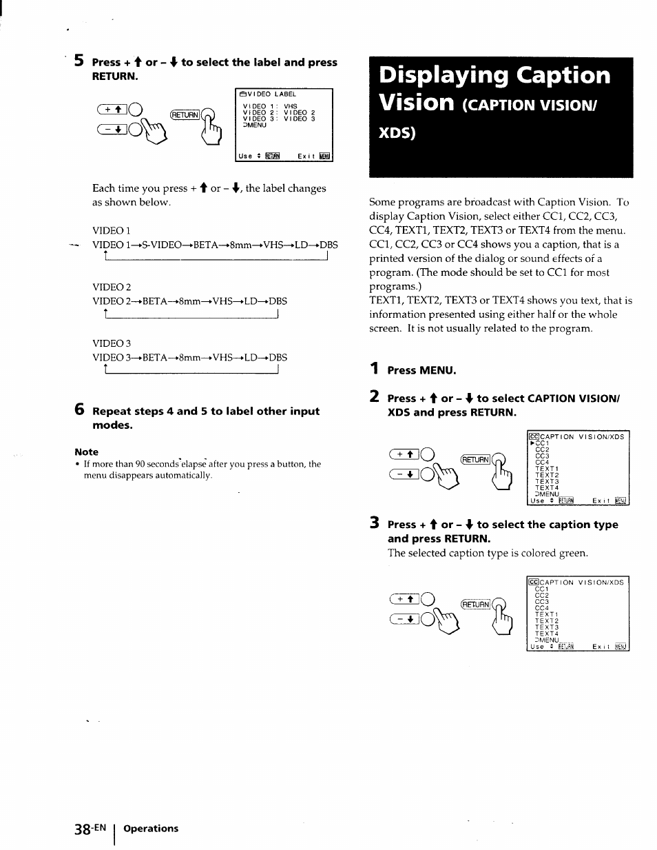 Displaying caption, Note, Displaying caption vision | I_______________________________i, T_______________________ i, Caption vision/ xds) | Sony KP-41T25 User Manual | Page 38 / 87