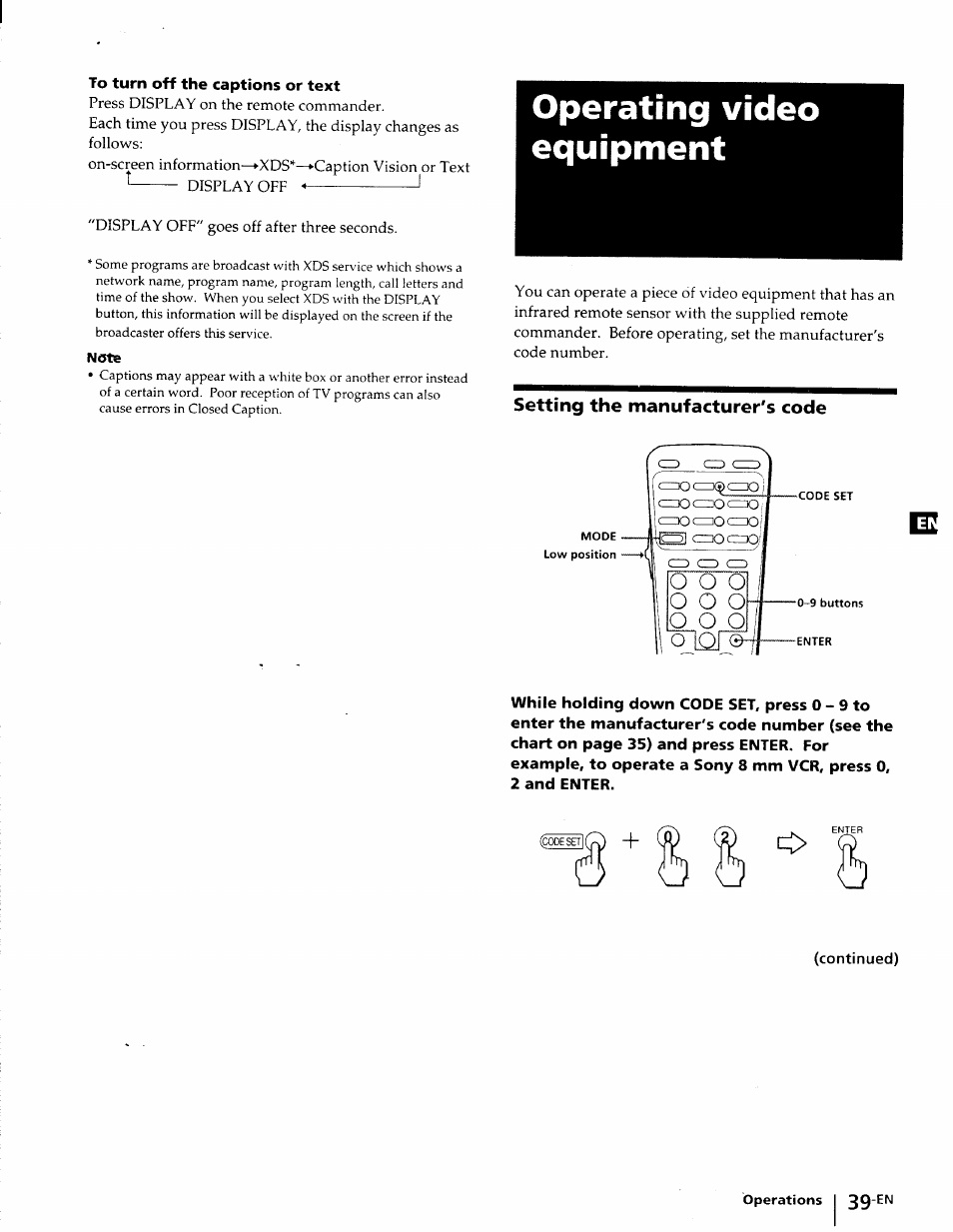 Operating video equipment, Setting the manufacturer's code | Sony KP-41T25 User Manual | Page 39 / 87
